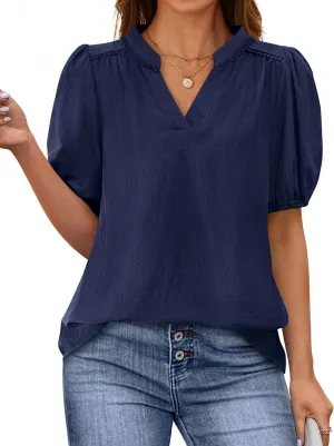 PRETTYGARDEN Womens Casual Summer Tops 2025 V Neck Short Puff Sleeve Pleated Cotton T Shirts Loose Dressy Blouses