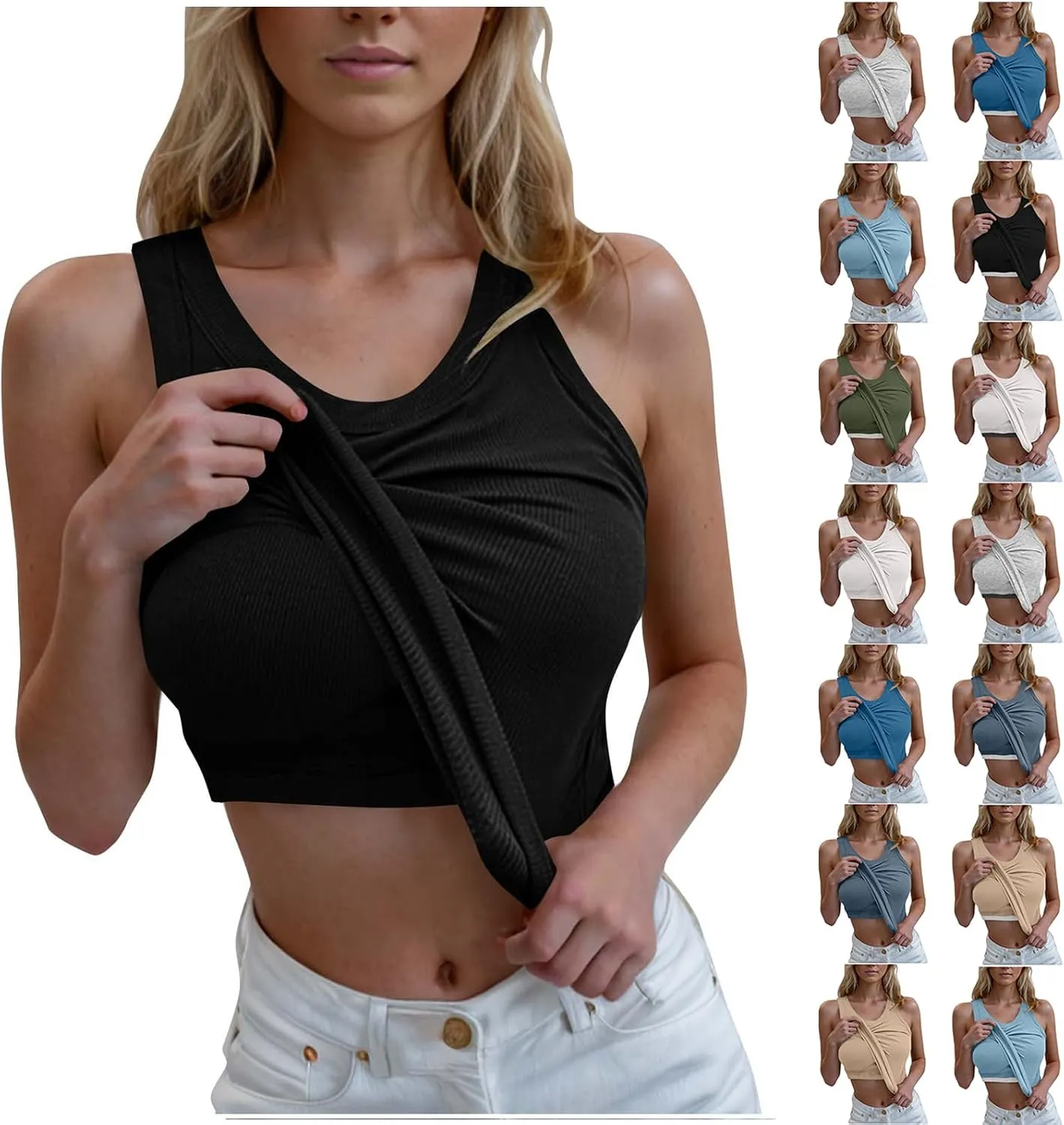Racerback Tank Tops for Women Built in Bra Summer Casual Shirts Gym Yoga Workout Sports Bras Ribbed Padded Camisole