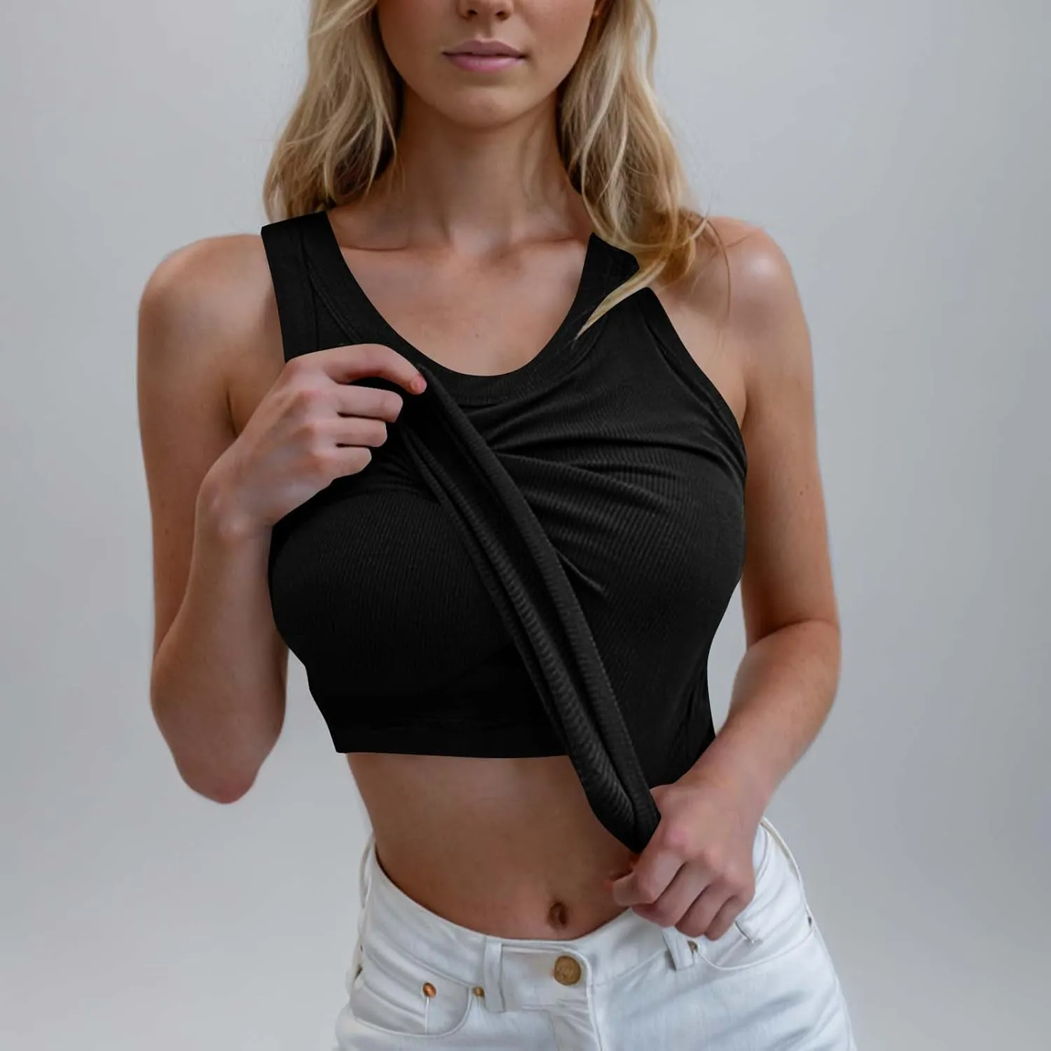 Racerback Tank Tops for Women Built in Bra Summer Casual Shirts Gym Yoga Workout Sports Bras Ribbed Padded Camisole