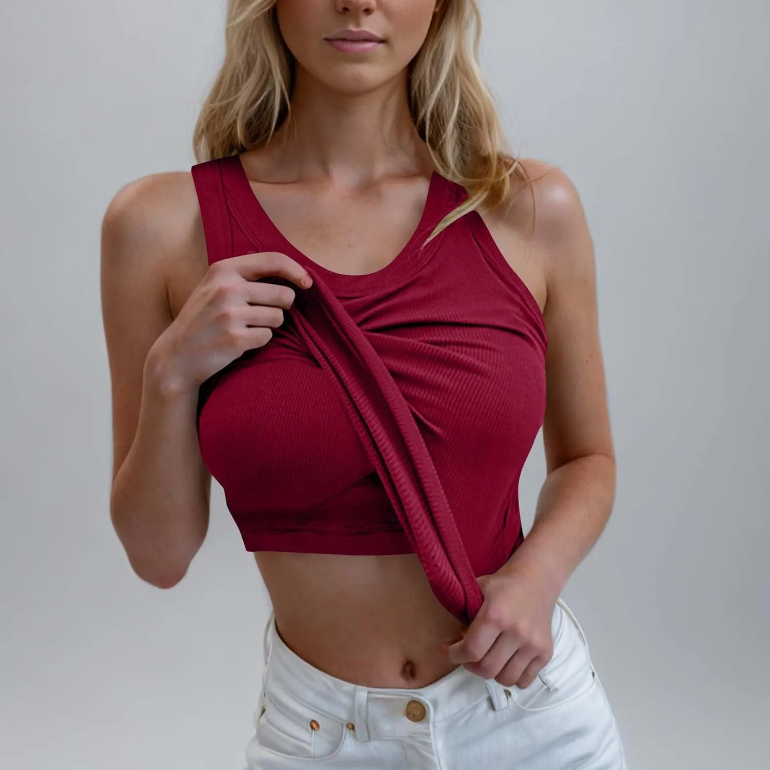 Racerback Tank Tops for Women Built in Bra Summer Casual Shirts Gym Yoga Workout Sports Bras Ribbed Padded Camisole