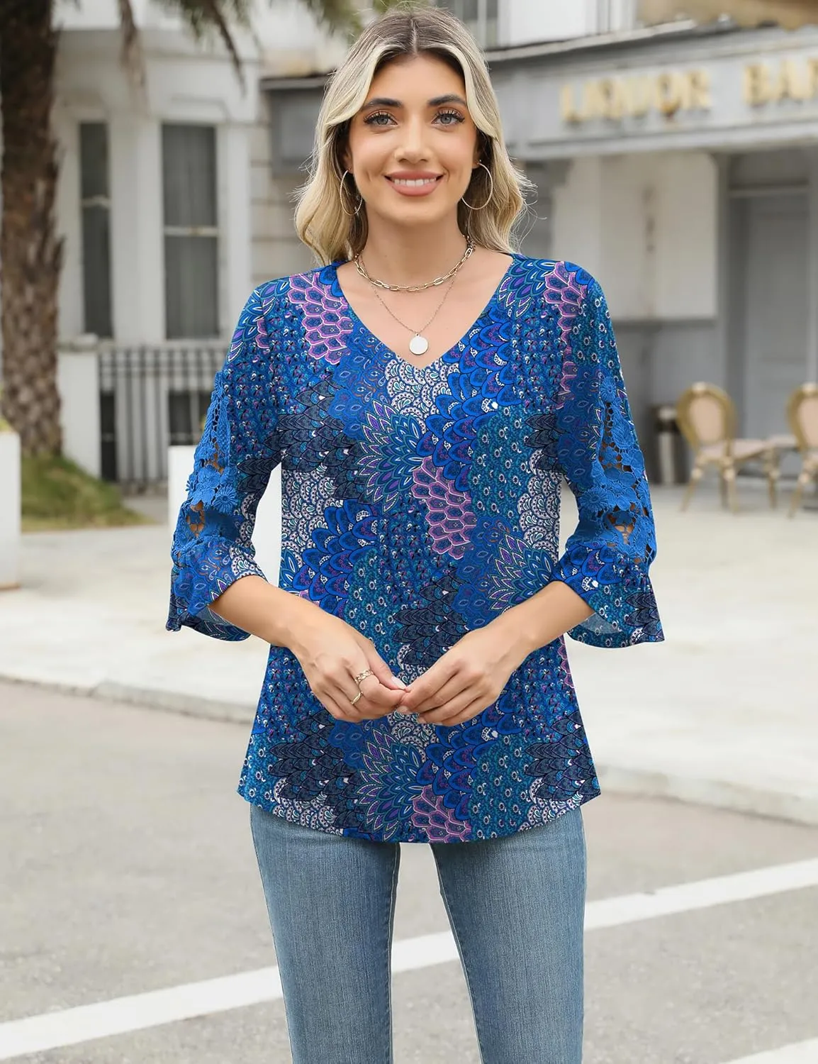 Rapbin 3/4 Length Sleeve Womens Tops Summer Lace Ruffles Sleeve T Shirts V-Neck Dressy Casual Trendy Tunic Blouses