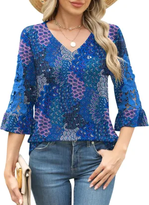 Rapbin 3/4 Length Sleeve Womens Tops Summer Lace Ruffles Sleeve T Shirts V-Neck Dressy Casual Trendy Tunic Blouses