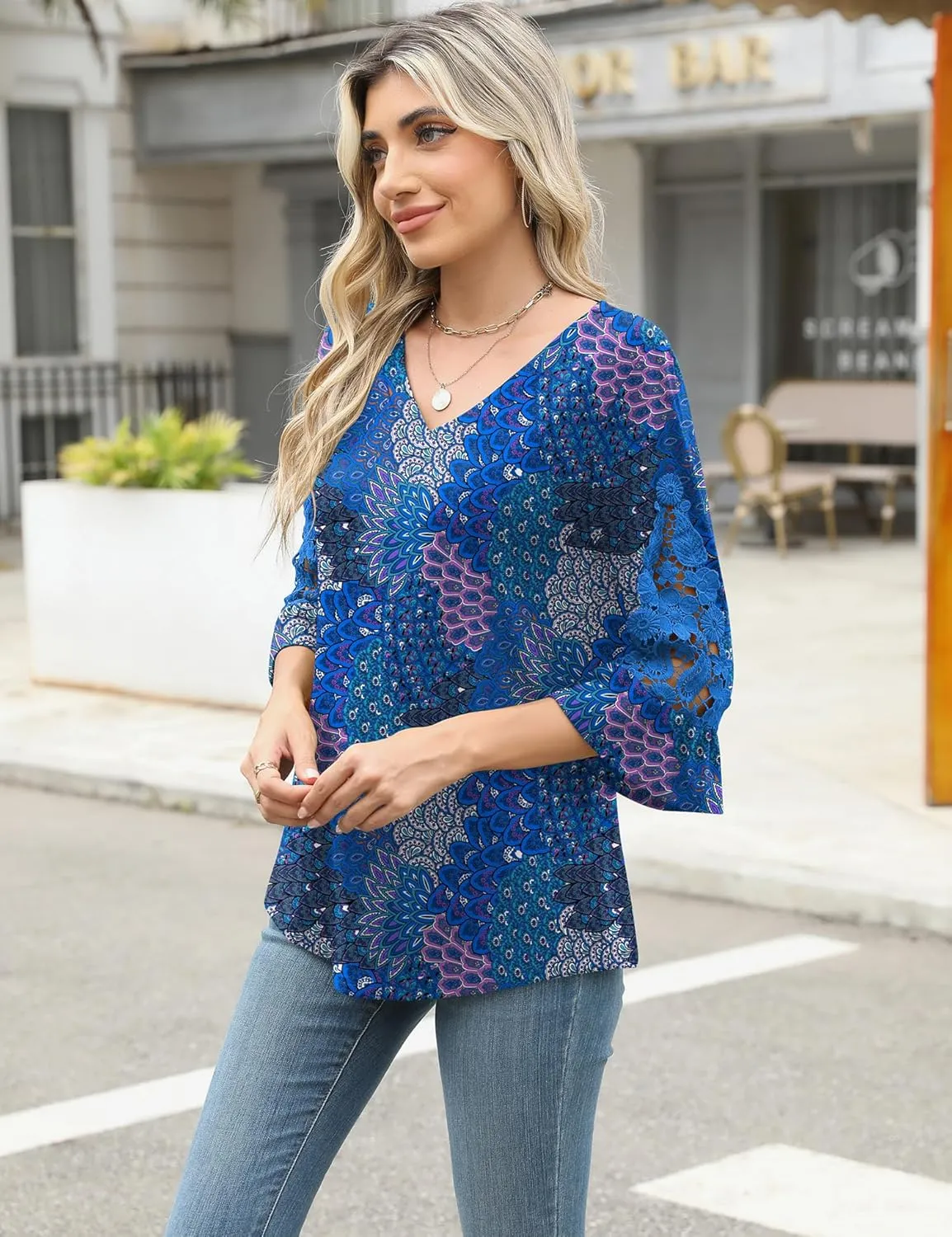 Rapbin 3/4 Length Sleeve Womens Tops Summer Lace Ruffles Sleeve T Shirts V-Neck Dressy Casual Trendy Tunic Blouses