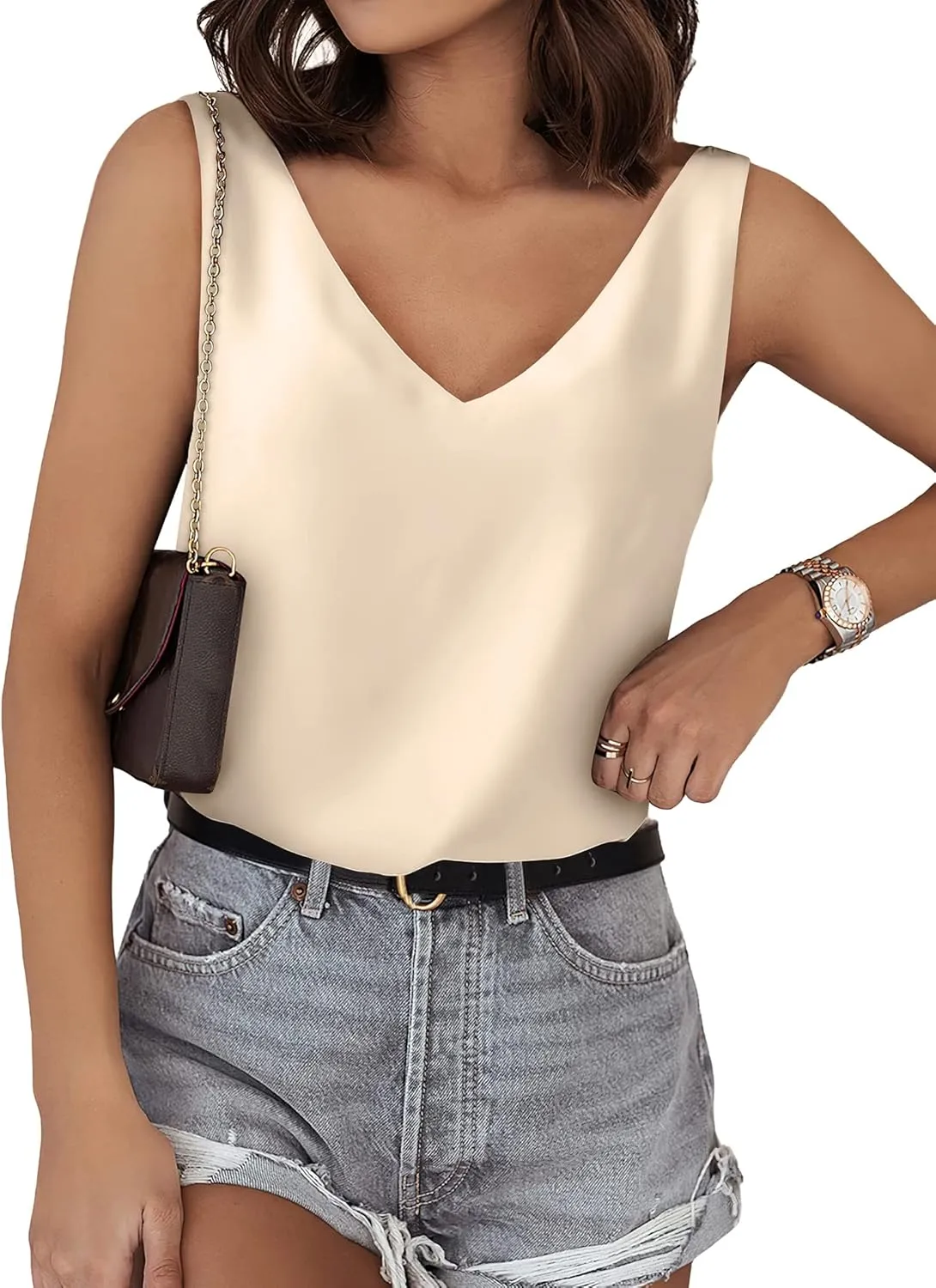 SAMPEEL Womens Tank Tops V Neck Silk Satin Blouses Sleeveless Camisole Tank Top Summer Tops