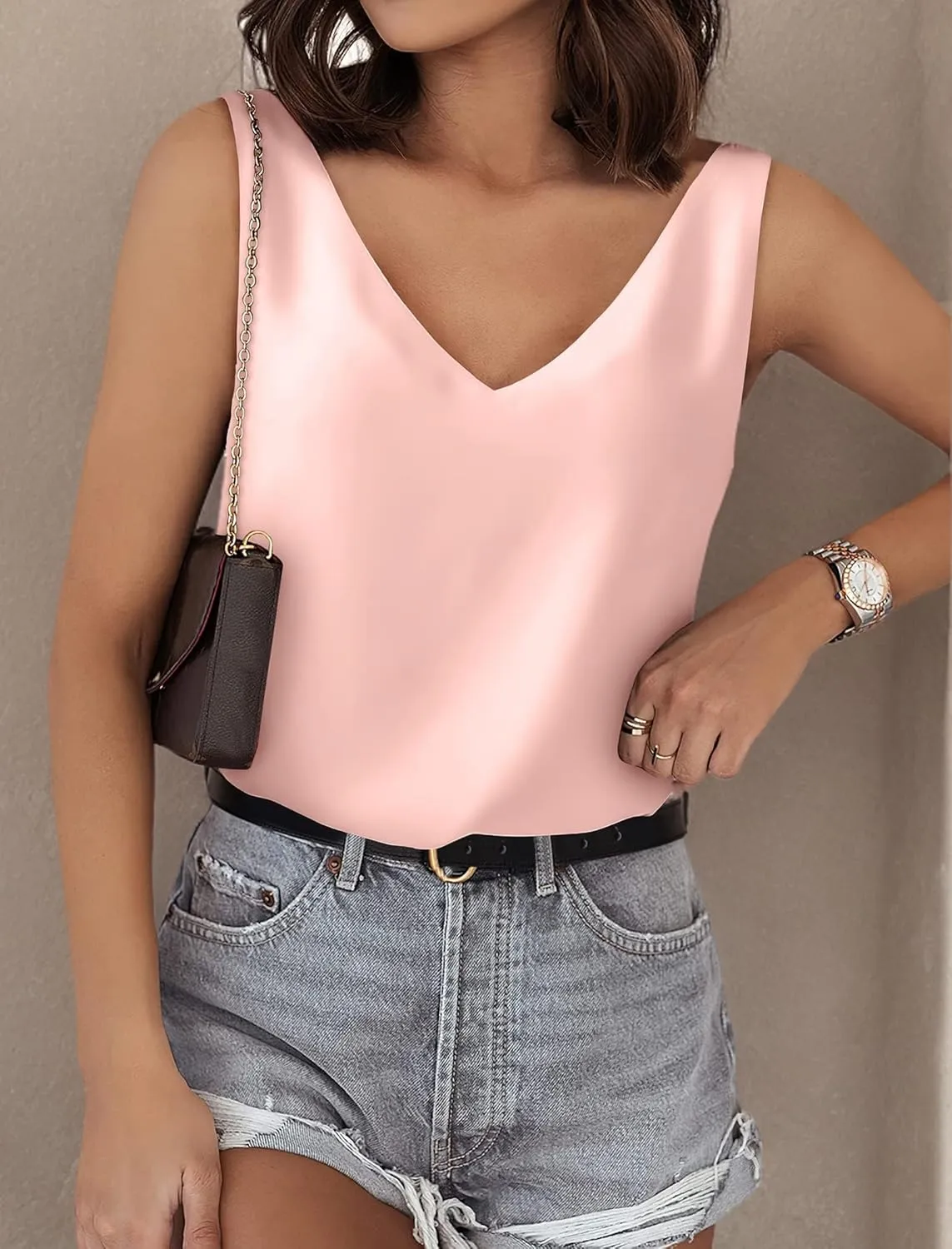 SAMPEEL Womens Tank Tops V Neck Silk Satin Blouses Sleeveless Camisole Tank Top Summer Tops