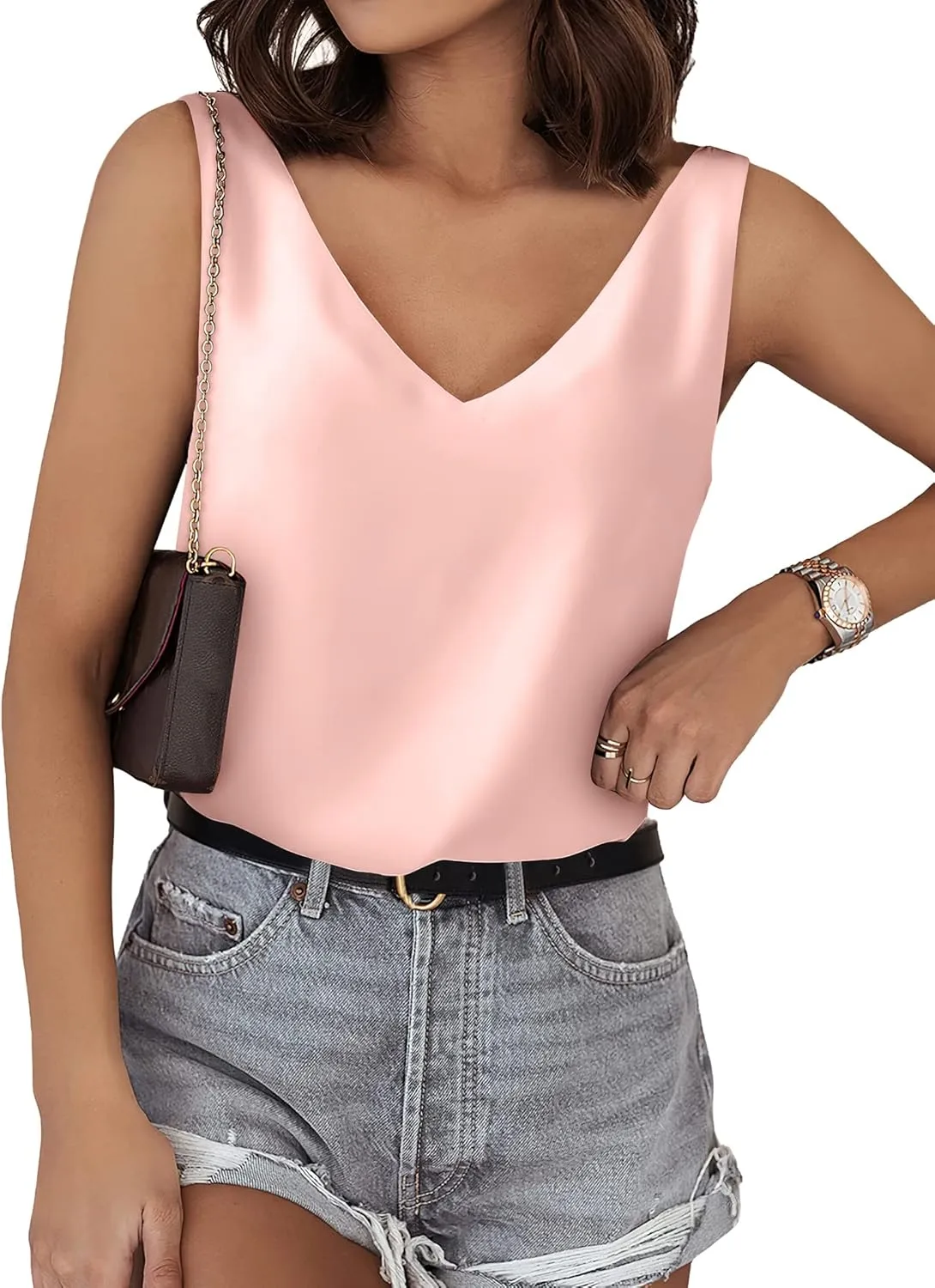 SAMPEEL Womens Tank Tops V Neck Silk Satin Blouses Sleeveless Camisole Tank Top Summer Tops