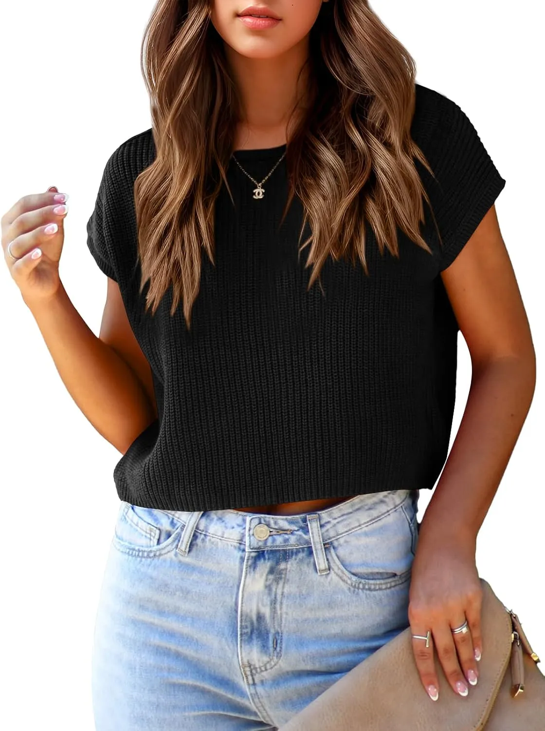 Saodimallsu Womens Cap Sleeve Crop Tops Summer Trendy Going Out Crew Neck Loose Knit Cropped Sweater Vest Tank Top