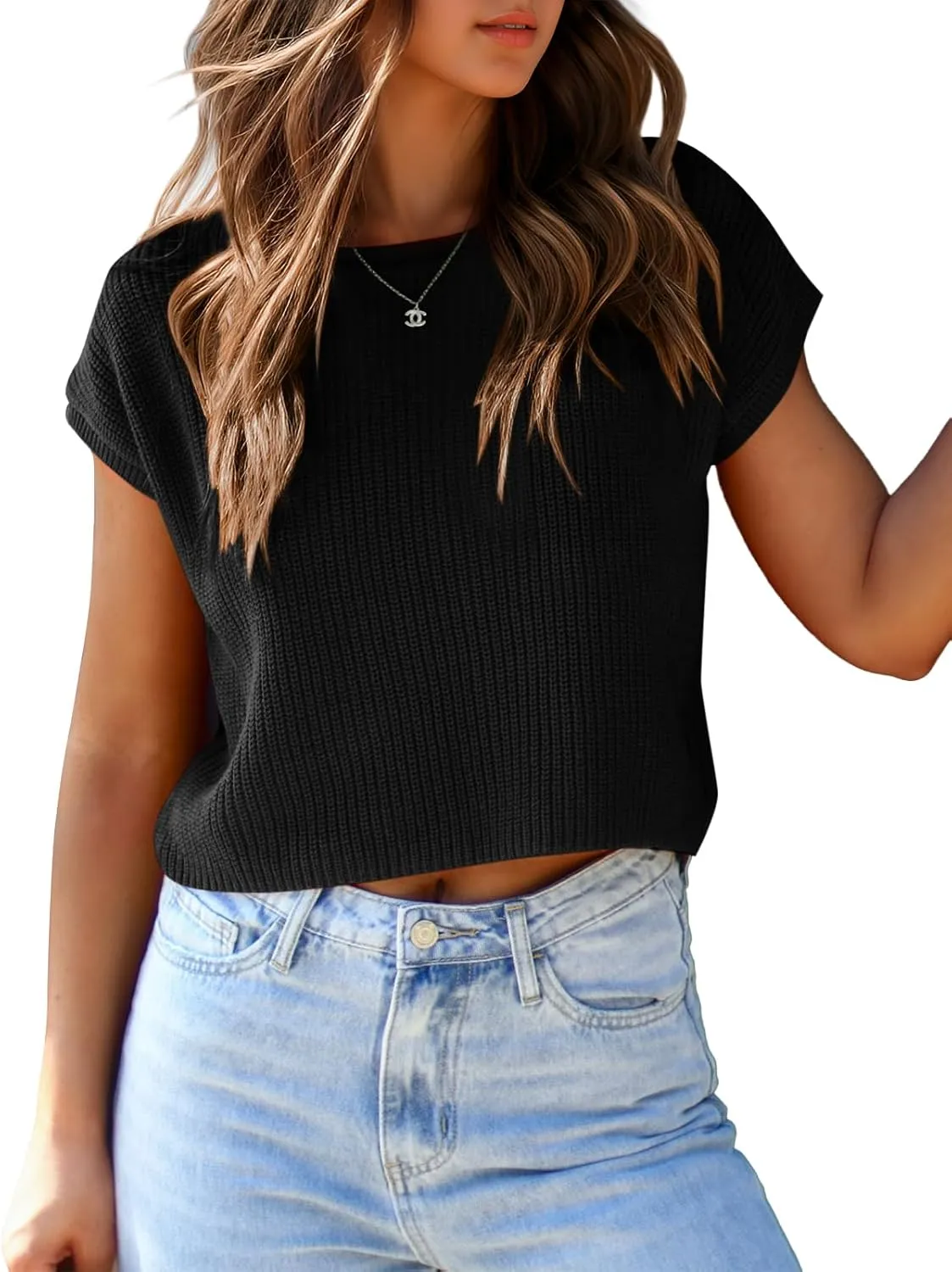 Saodimallsu Womens Cap Sleeve Crop Tops Summer Trendy Going Out Crew Neck Loose Knit Cropped Sweater Vest Tank Top