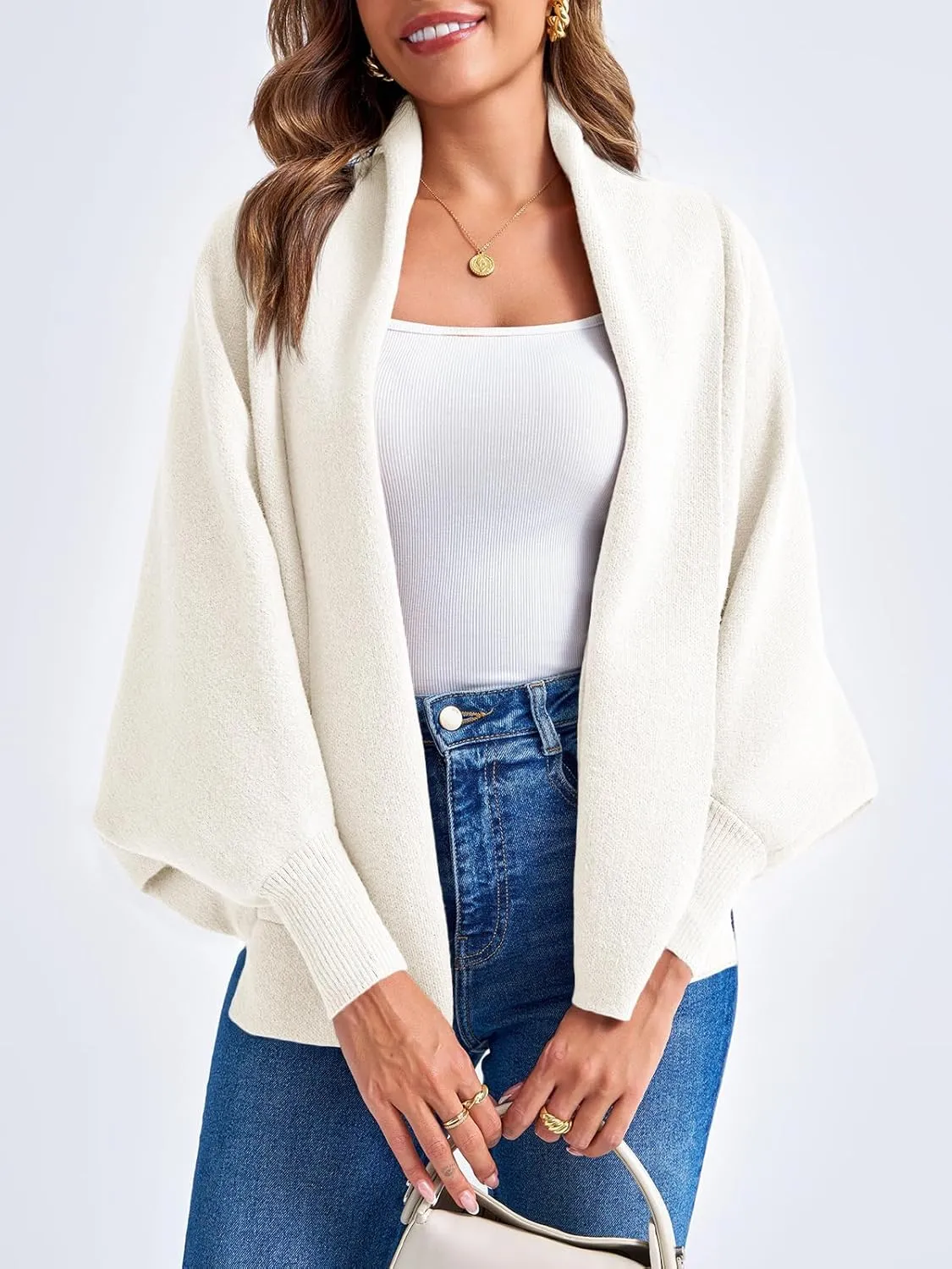 Saodimallsu Womens Open Front Cardigan Batwing Long Sleeve Shawl Chunky Knit Loose Fall Poncho Sweater Coats
