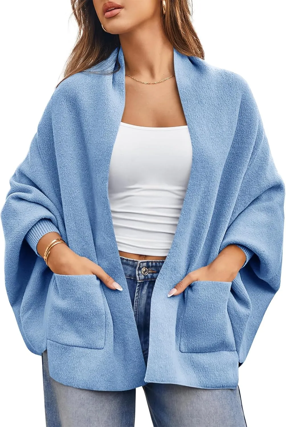 Saodimallsu Womens Open Front Cardigan Batwing Long Sleeve Shawl Chunky Knit Loose Fall Poncho Sweater Coats