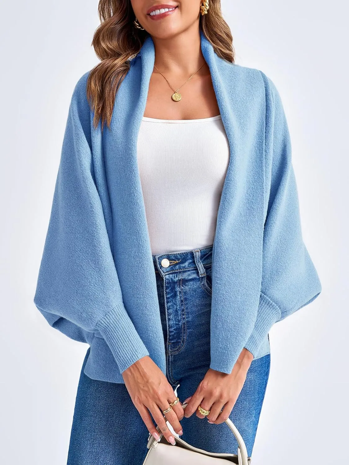 Saodimallsu Womens Open Front Cardigan Batwing Long Sleeve Shawl Chunky Knit Loose Fall Poncho Sweater Coats