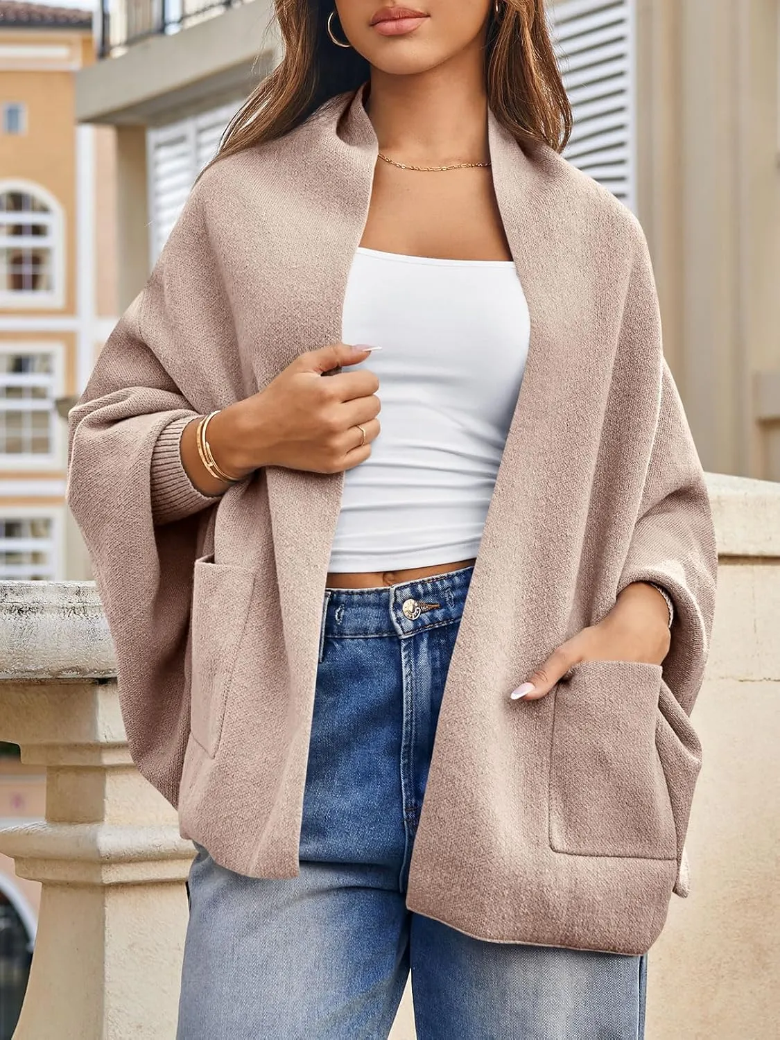 Saodimallsu Womens Open Front Cardigan Batwing Long Sleeve Shawl Chunky Knit Loose Fall Poncho Sweater Coats