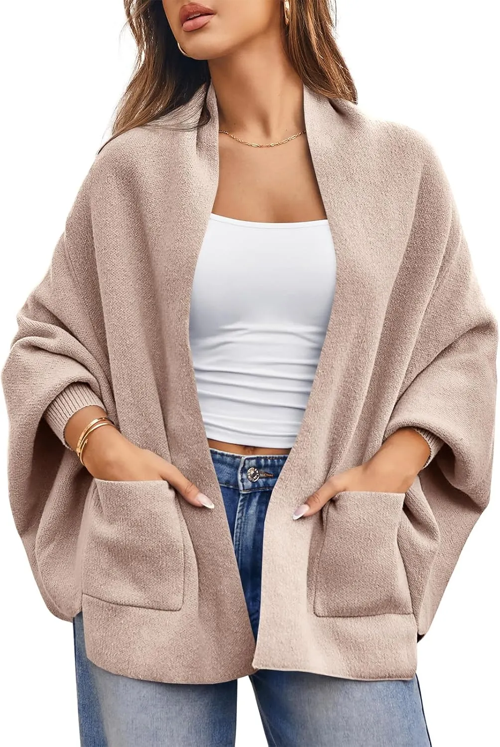 Saodimallsu Womens Open Front Cardigan Batwing Long Sleeve Shawl Chunky Knit Loose Fall Poncho Sweater Coats