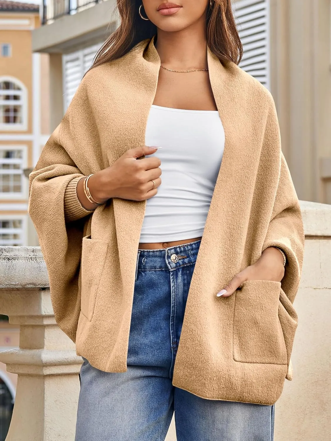 Saodimallsu Womens Open Front Cardigan Batwing Long Sleeve Shawl Chunky Knit Loose Fall Poncho Sweater Coats