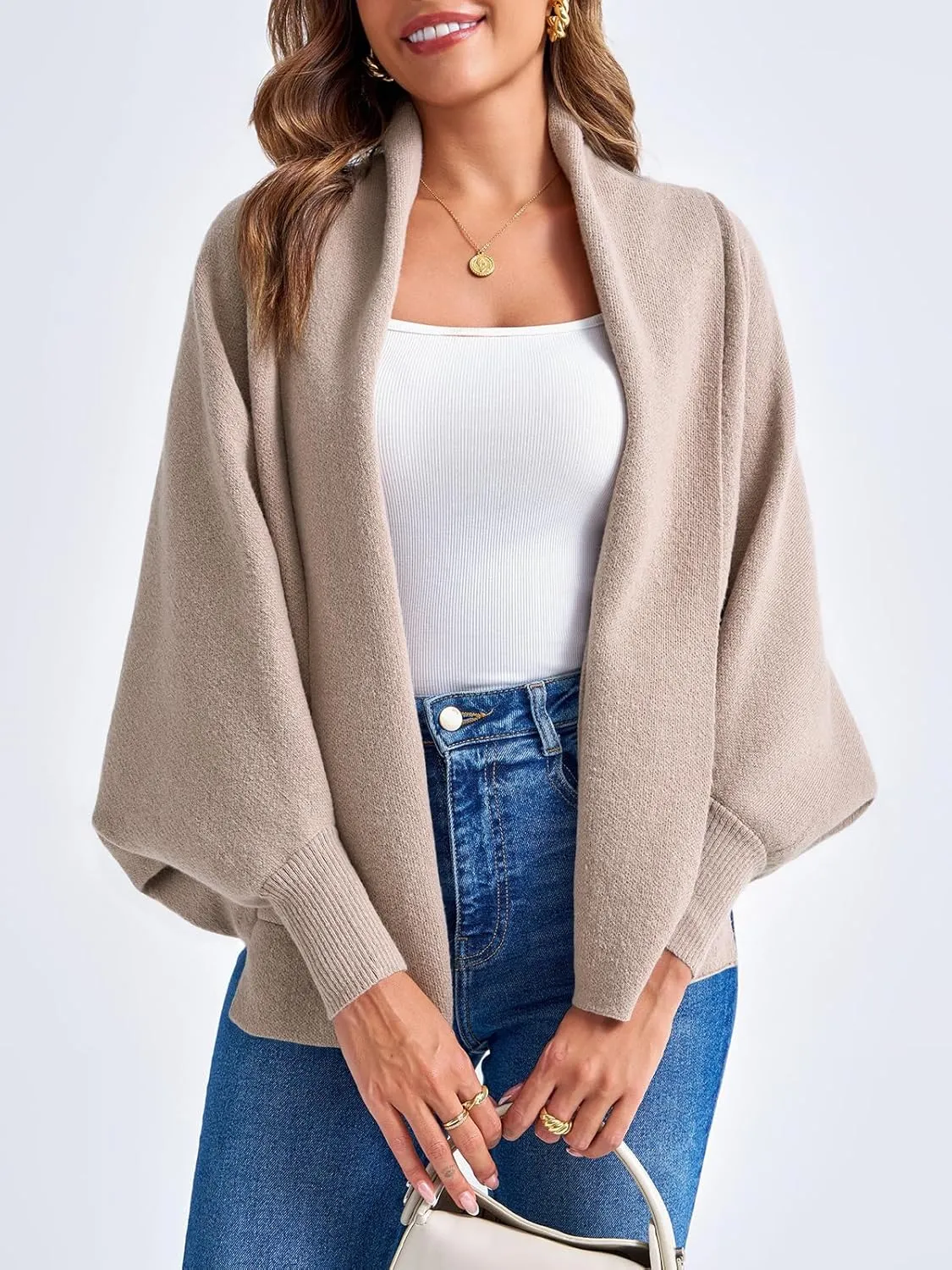 Saodimallsu Womens Open Front Cardigan Batwing Long Sleeve Shawl Chunky Knit Loose Fall Poncho Sweater Coats