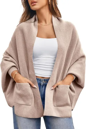 Saodimallsu Womens Open Front Cardigan Batwing Long Sleeve Shawl Chunky Knit Loose Fall Poncho Sweater Coats