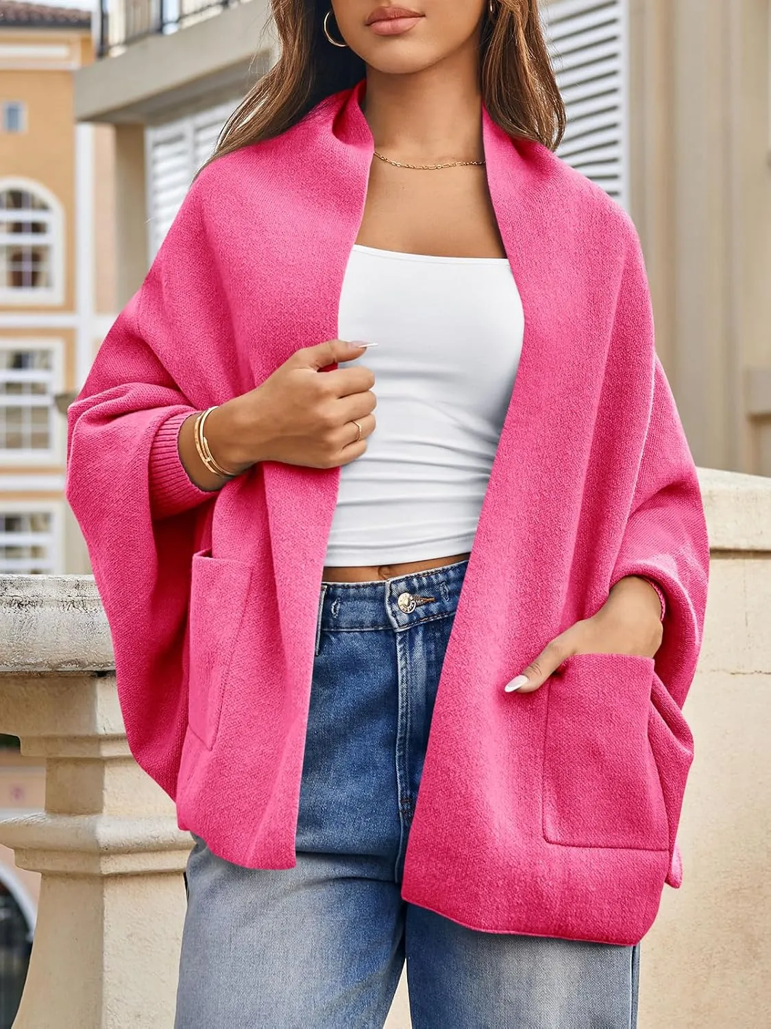 Saodimallsu Womens Open Front Cardigan Batwing Long Sleeve Shawl Chunky Knit Loose Fall Poncho Sweater Coats