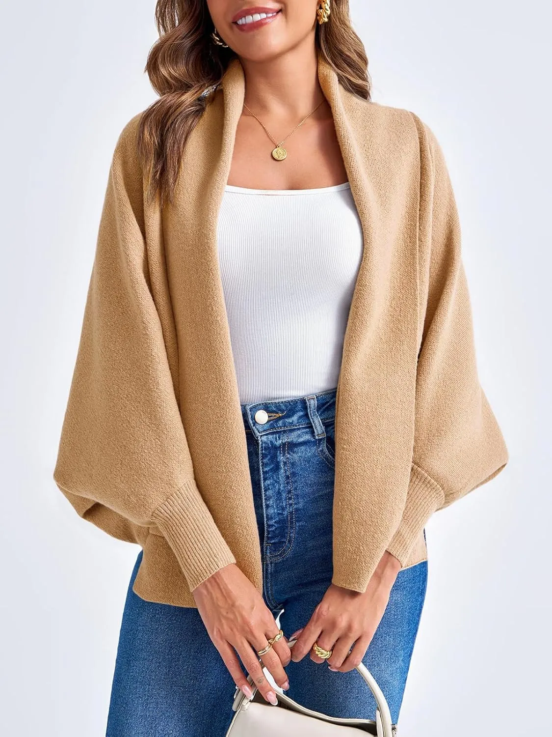 Saodimallsu Womens Open Front Cardigan Batwing Long Sleeve Shawl Chunky Knit Loose Fall Poncho Sweater Coats