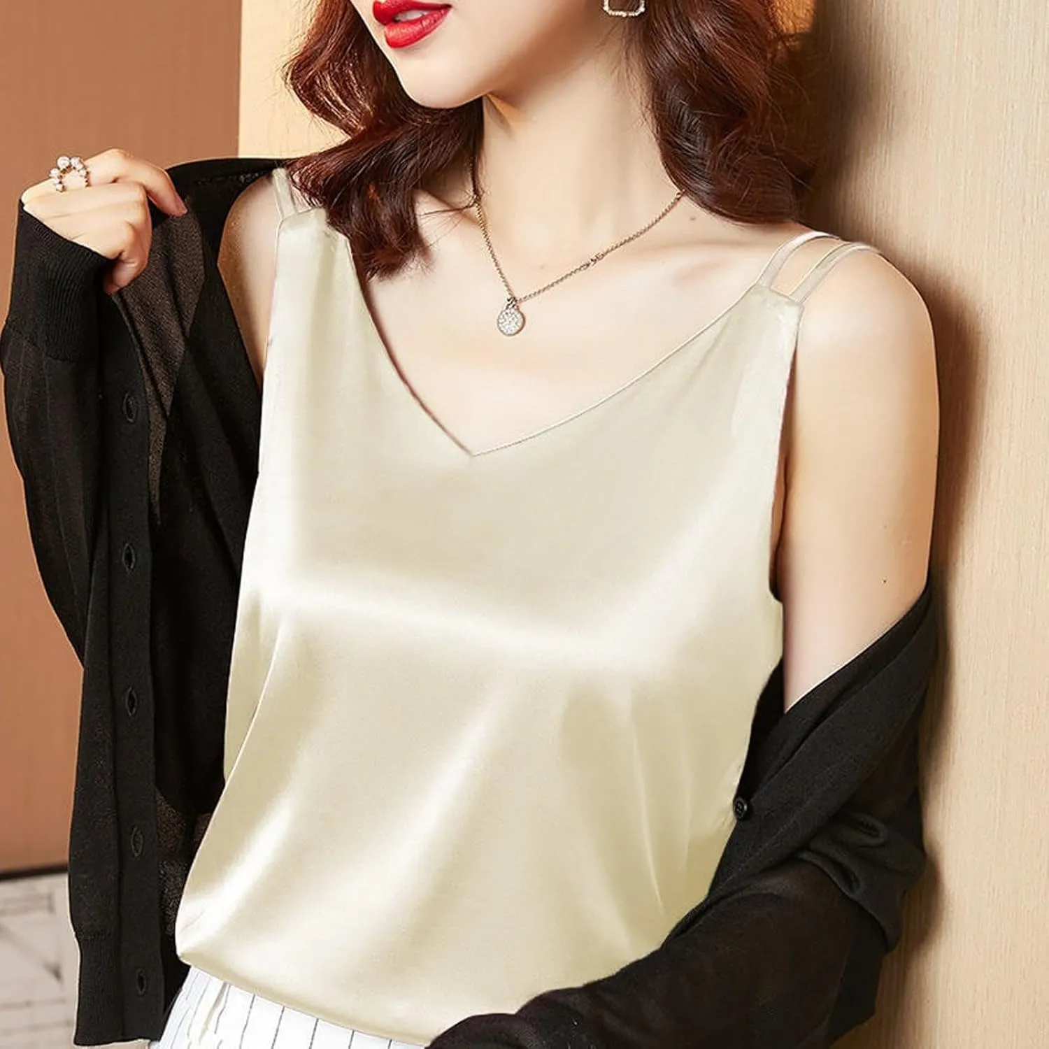 Satin Tank Tops for Women Loose Fit Sleeveless V Neck Summer Cami Camisole Blouses Shirt