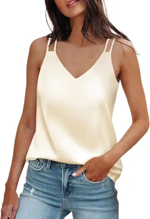 Satin Tank Tops for Women Loose Fit Sleeveless V Neck Summer Cami Camisole Blouses Shirt