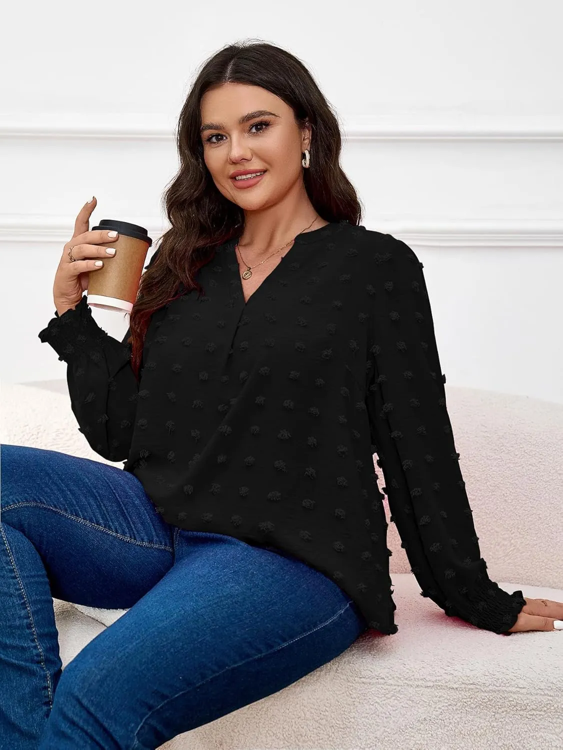 SCOMCHIC Plus Size Blouses for Women Dressy Casual Long Sleeve Shirts V Neck Swiss Dot Business Work Tunic Tops