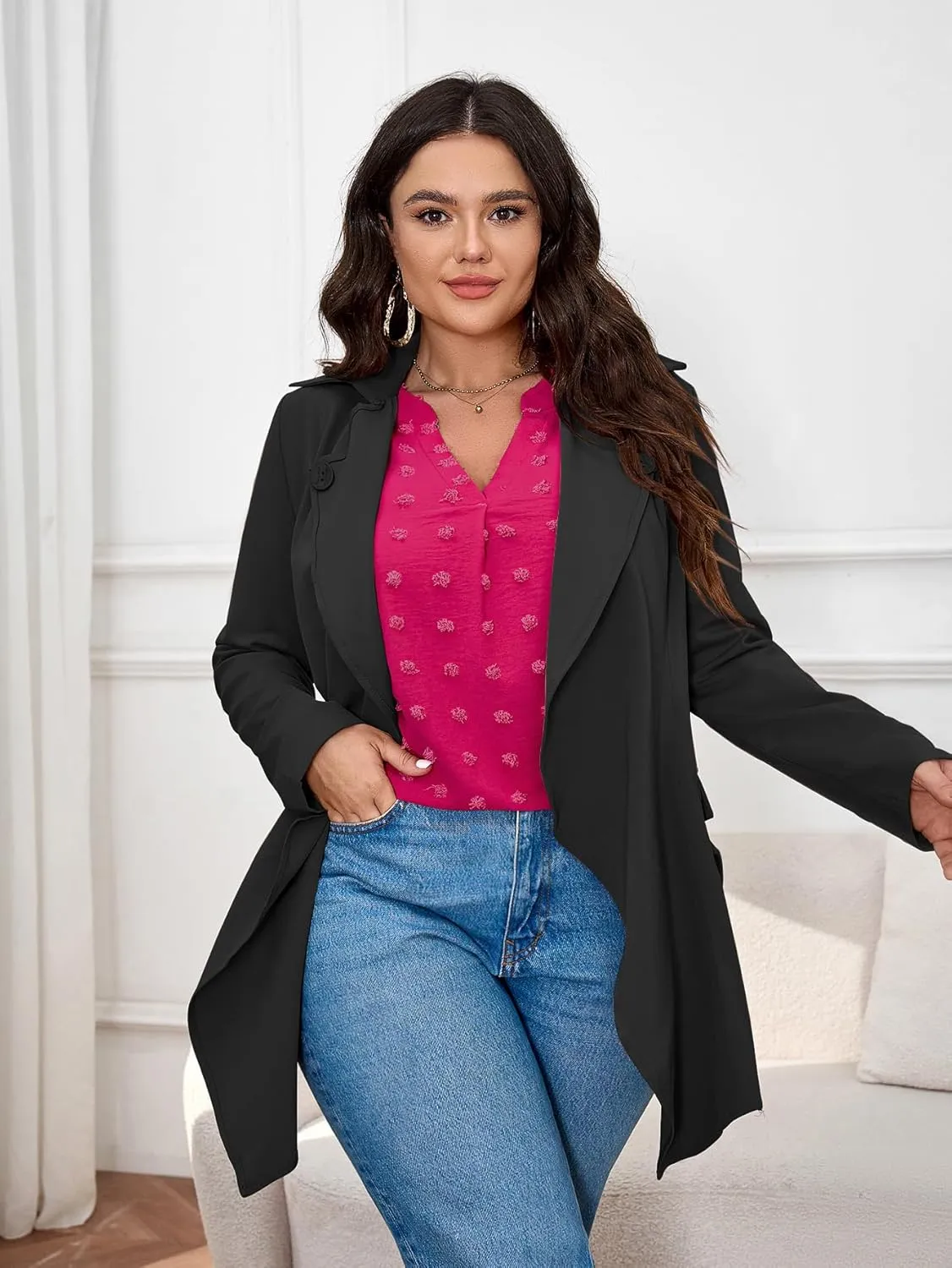 SCOMCHIC Plus Size Blouses for Women Dressy Casual Long Sleeve Shirts V Neck Swiss Dot Business Work Tunic Tops