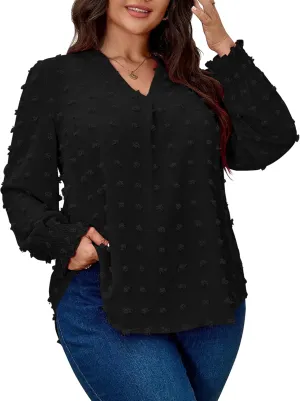 SCOMCHIC Plus Size Blouses for Women Dressy Casual Long Sleeve Shirts V Neck Swiss Dot Business Work Tunic Tops