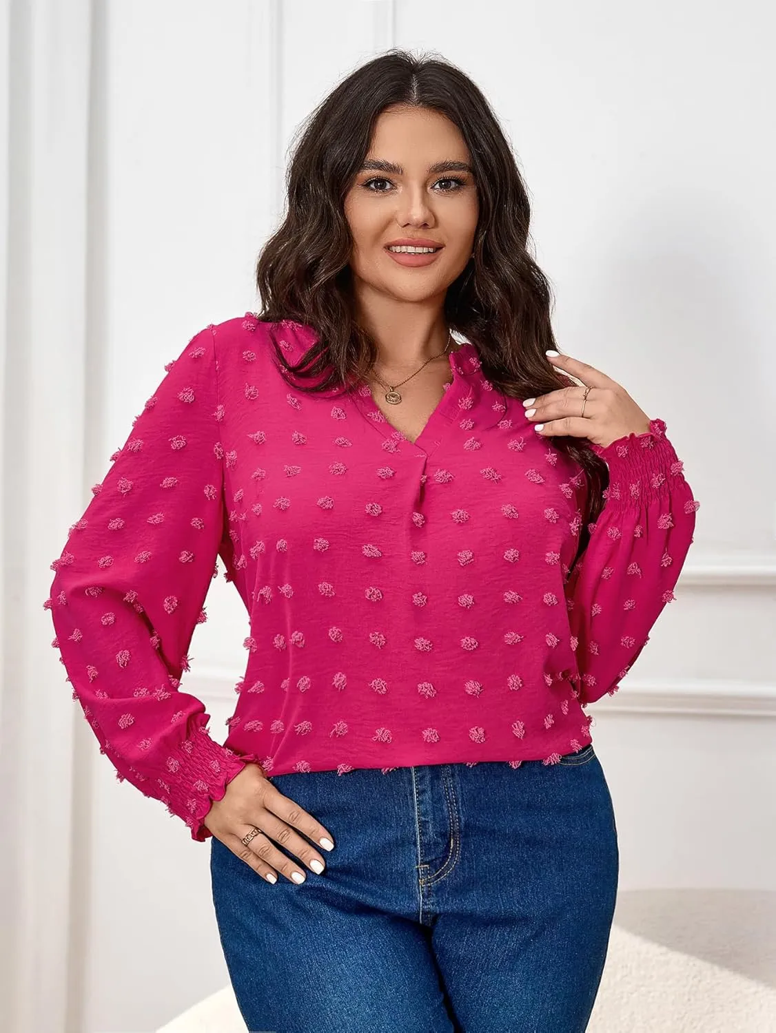 SCOMCHIC Plus Size Blouses for Women Dressy Casual Long Sleeve Shirts V Neck Swiss Dot Business Work Tunic Tops