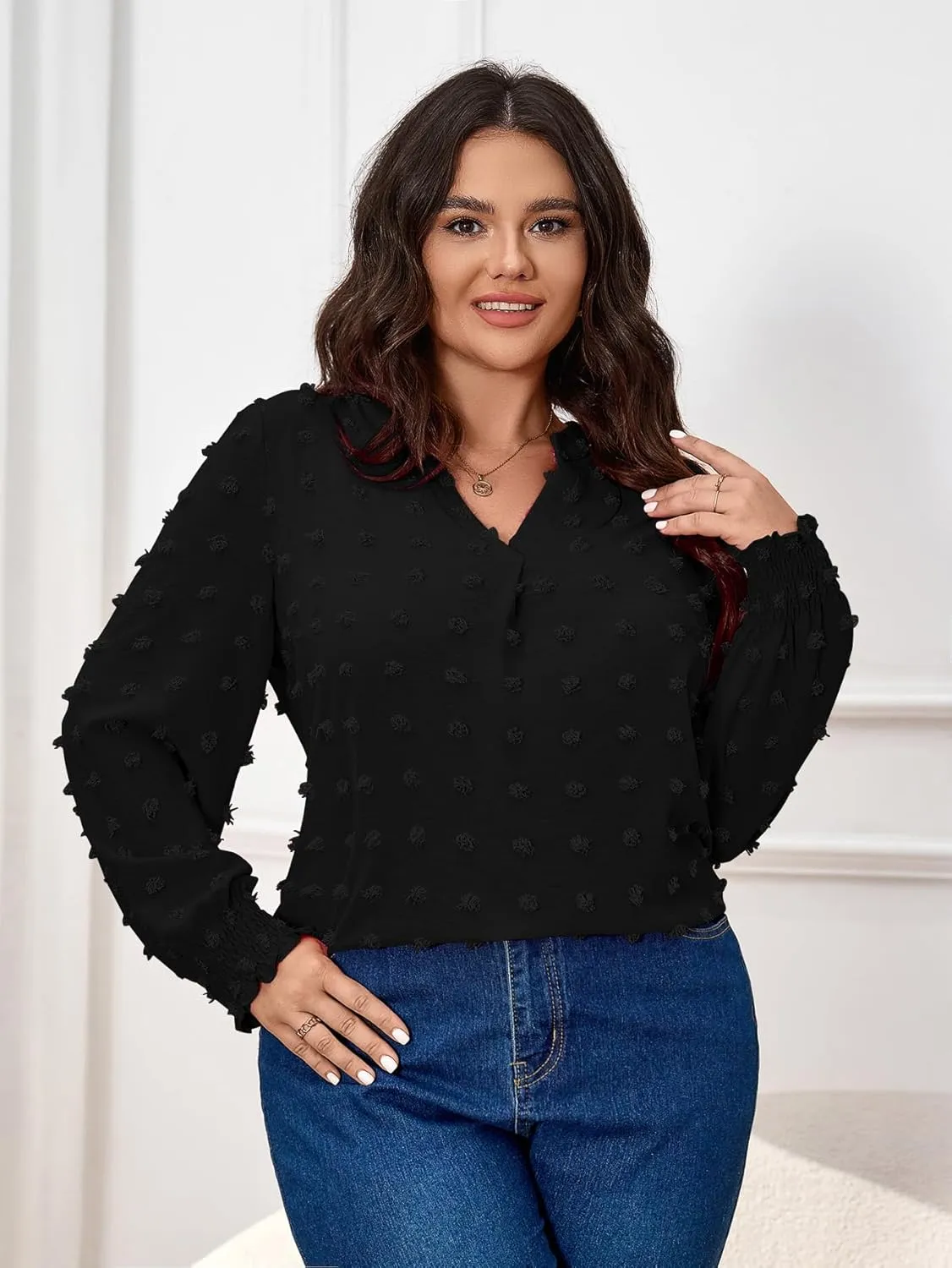 SCOMCHIC Plus Size Blouses for Women Dressy Casual Long Sleeve Shirts V Neck Swiss Dot Business Work Tunic Tops