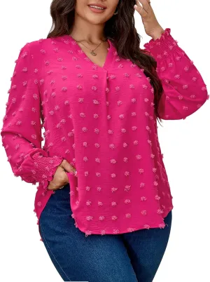 SCOMCHIC Plus Size Blouses for Women Dressy Casual Long Sleeve Shirts V Neck Swiss Dot Business Work Tunic Tops