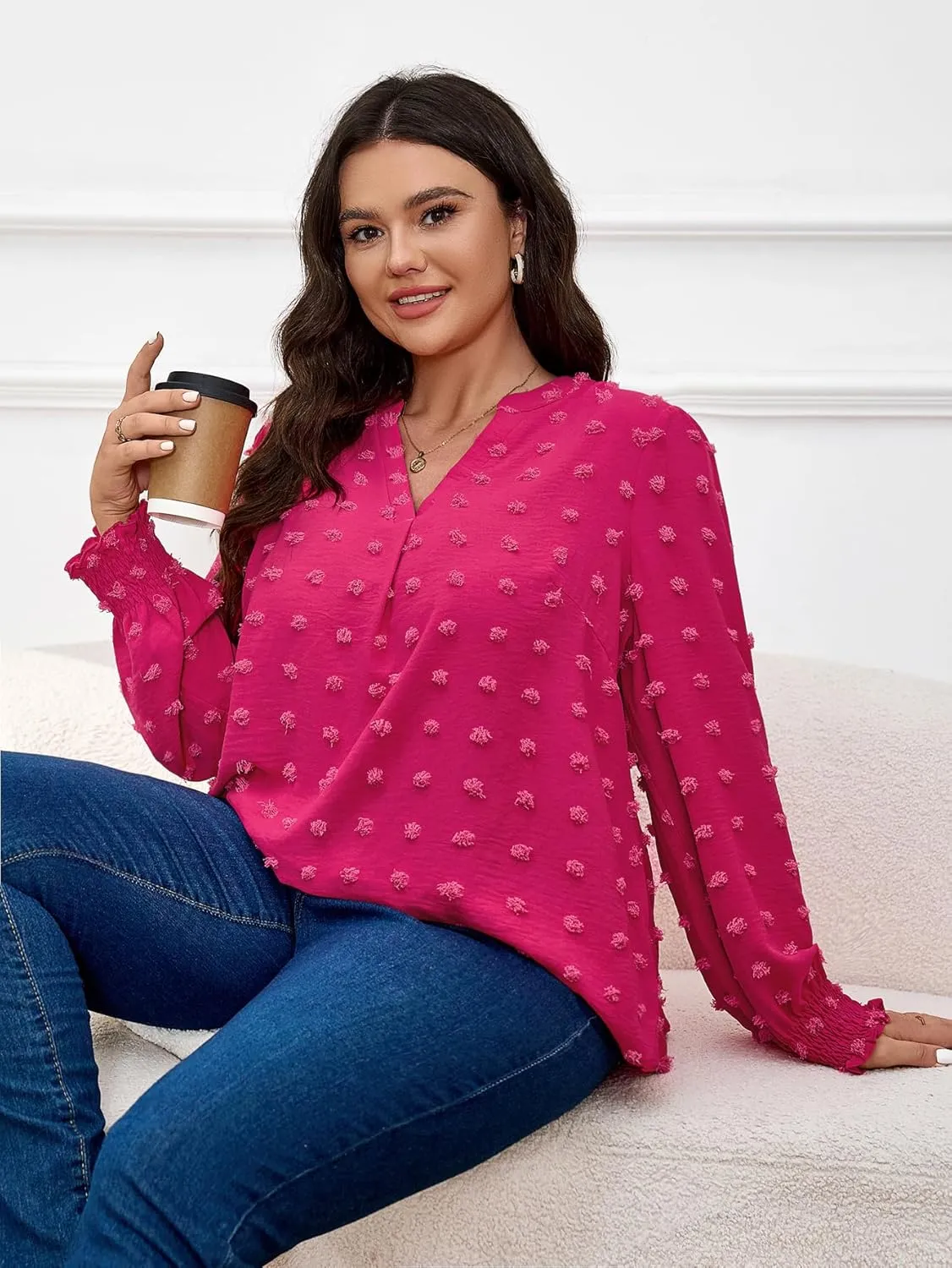 SCOMCHIC Plus Size Blouses for Women Dressy Casual Long Sleeve Shirts V Neck Swiss Dot Business Work Tunic Tops