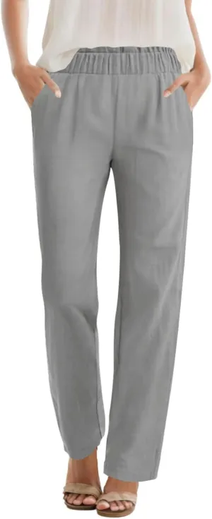 SEMARO Womens Casual High Waisted Linen Feel Pants Tapered Vacation Lounge Pants Trousers with Pockets