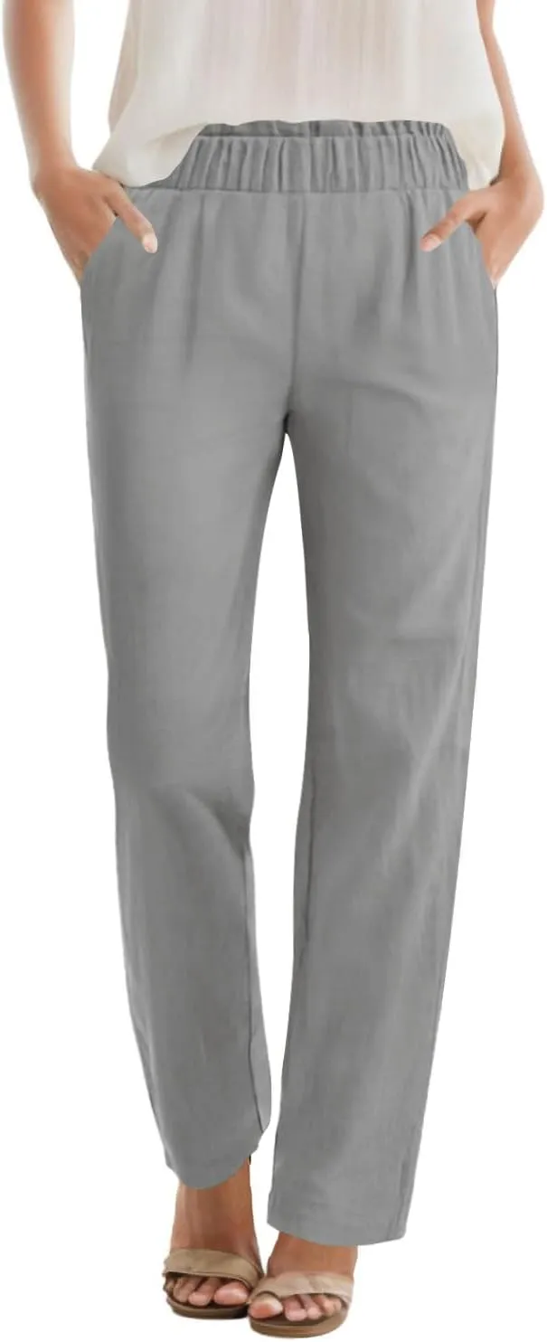 SEMARO Womens Casual High Waisted Linen Feel Pants Tapered Vacation Lounge Pants Trousers with Pockets