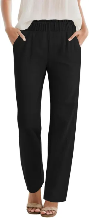 SEMARO Womens Casual High Waisted Linen Feel Pants Tapered Vacation Lounge Pants Trousers with Pockets