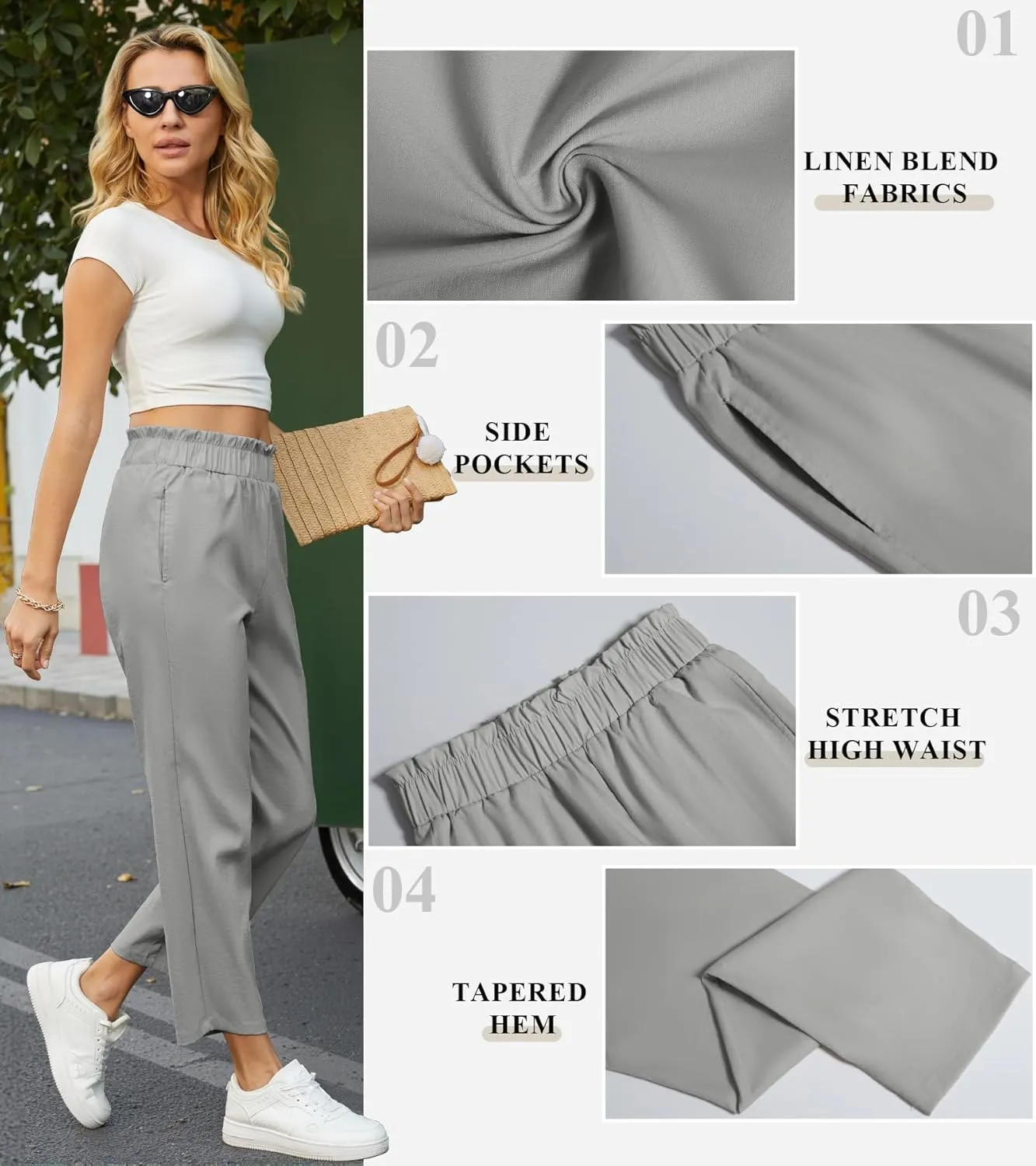 SEMARO Womens Casual High Waisted Linen Feel Pants Tapered Vacation Lounge Pants Trousers with Pockets