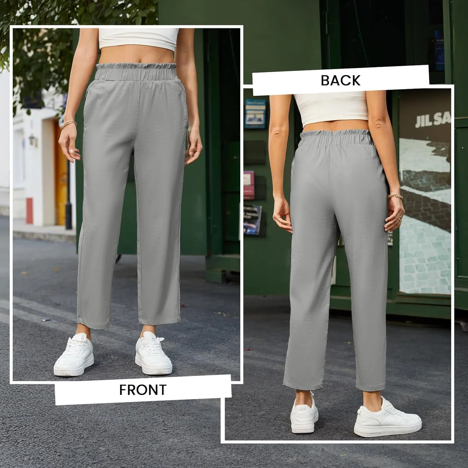 SEMARO Womens Casual High Waisted Linen Feel Pants Tapered Vacation Lounge Pants Trousers with Pockets