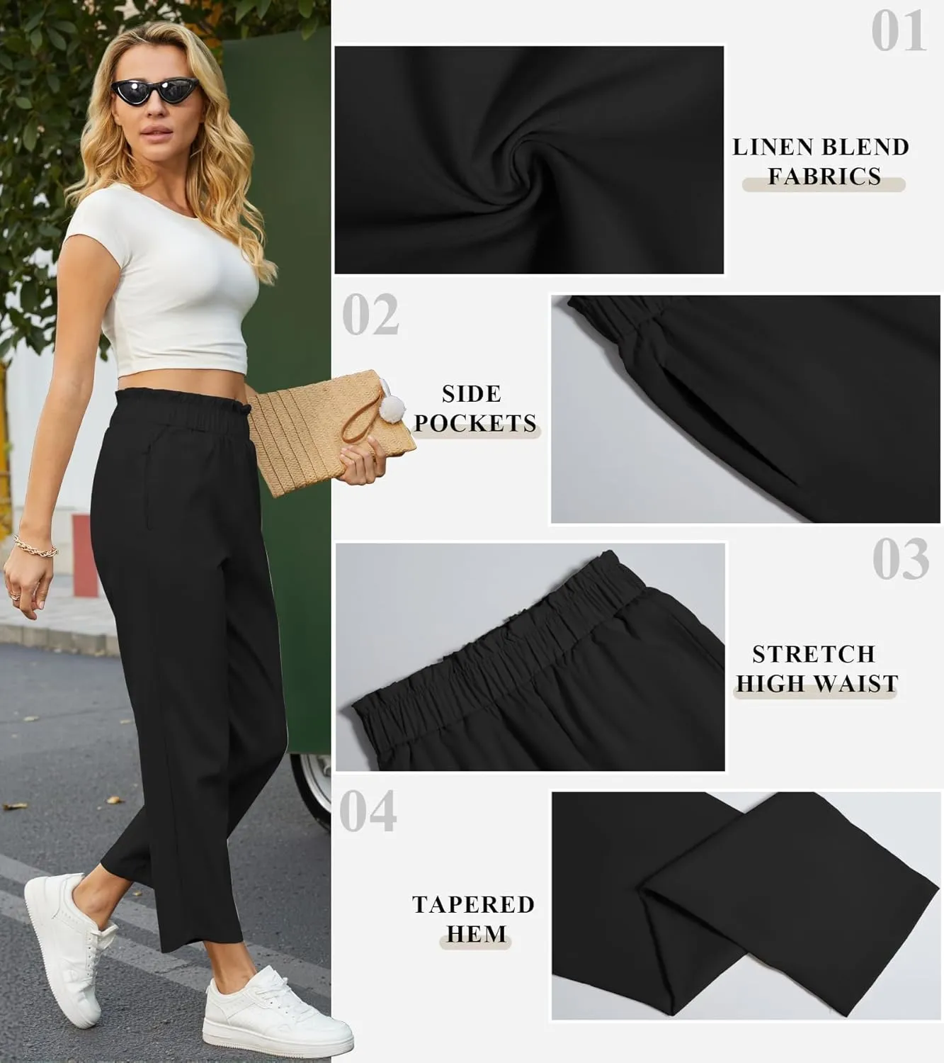 SEMARO Womens Casual High Waisted Linen Feel Pants Tapered Vacation Lounge Pants Trousers with Pockets
