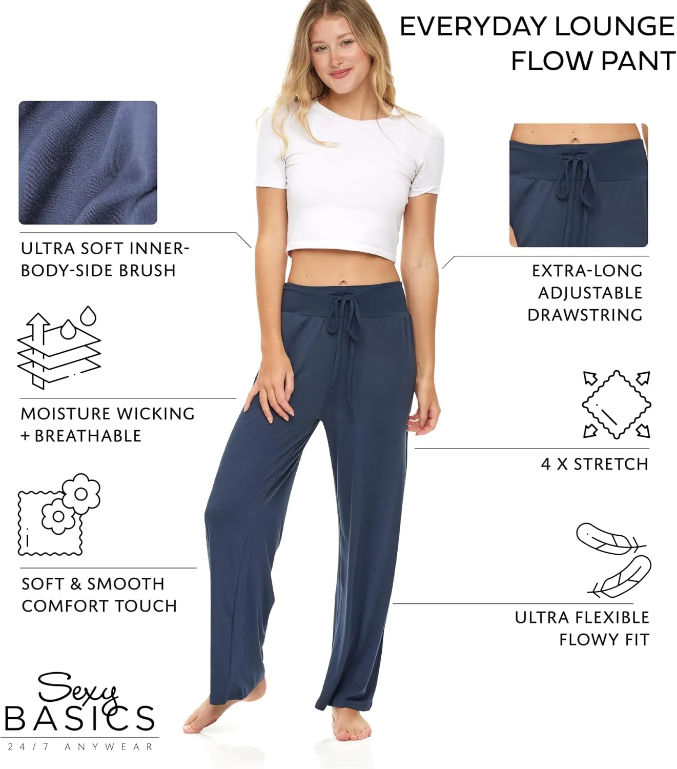 Sexy Basics Womens Lounge Pants | Wide Leg Hi Waisted - Ultra Soft Drawstring PJ Bottoms | Multi Packs & Colors