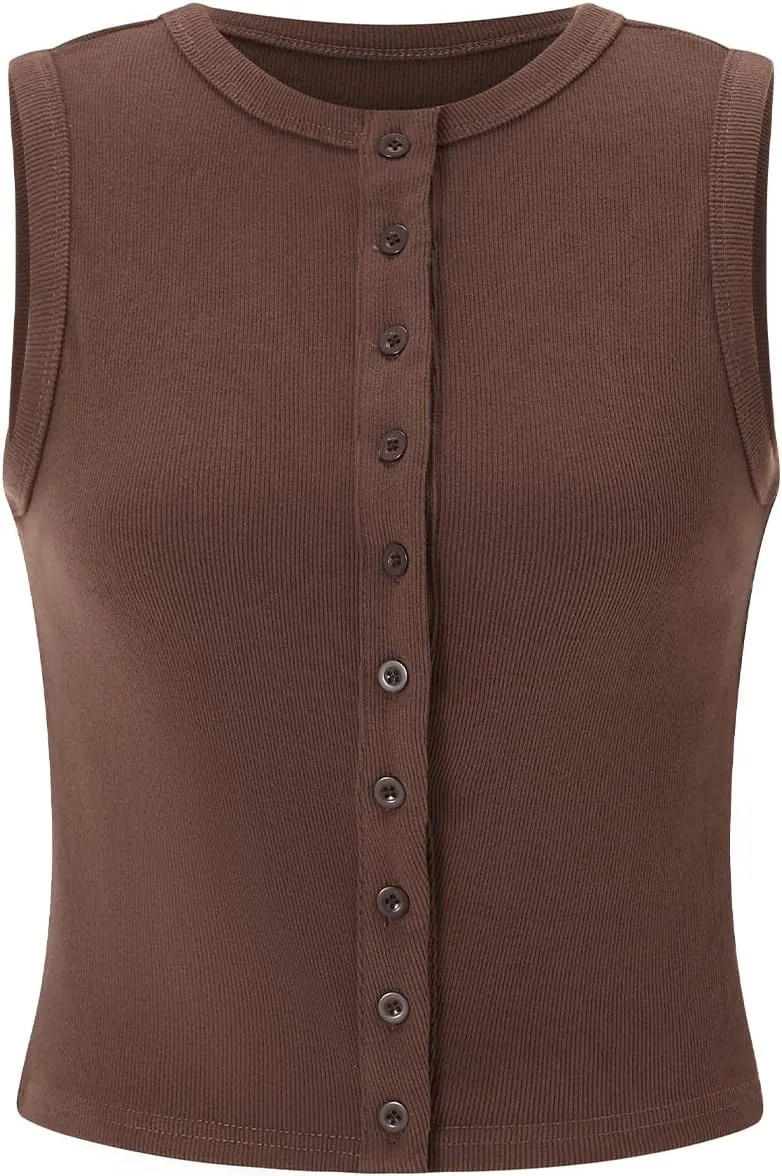 Seyurigaoka Women's Button Up Ribbed Knit Tank Top Open Front Crewneck Fitted Vest Top Sleeveless Basic Tops