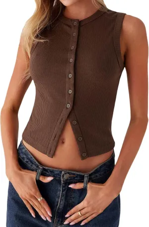 Seyurigaoka Women's Button Up Ribbed Knit Tank Top Open Front Crewneck Fitted Vest Top Sleeveless Basic Tops