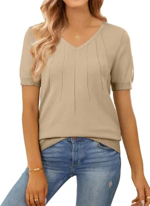 SHEWIN Women's Summer Short Sleeve Sweaters Crewneck Pleated Knit Tops Business Casual Work Shirts Blouses