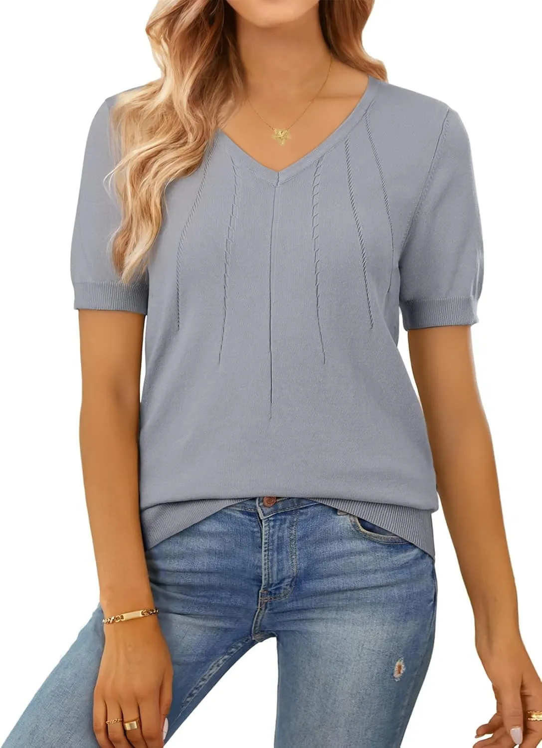 SHEWIN Women's Summer Short Sleeve Sweaters Crewneck Pleated Knit Tops Business Casual Work Shirts Blouses