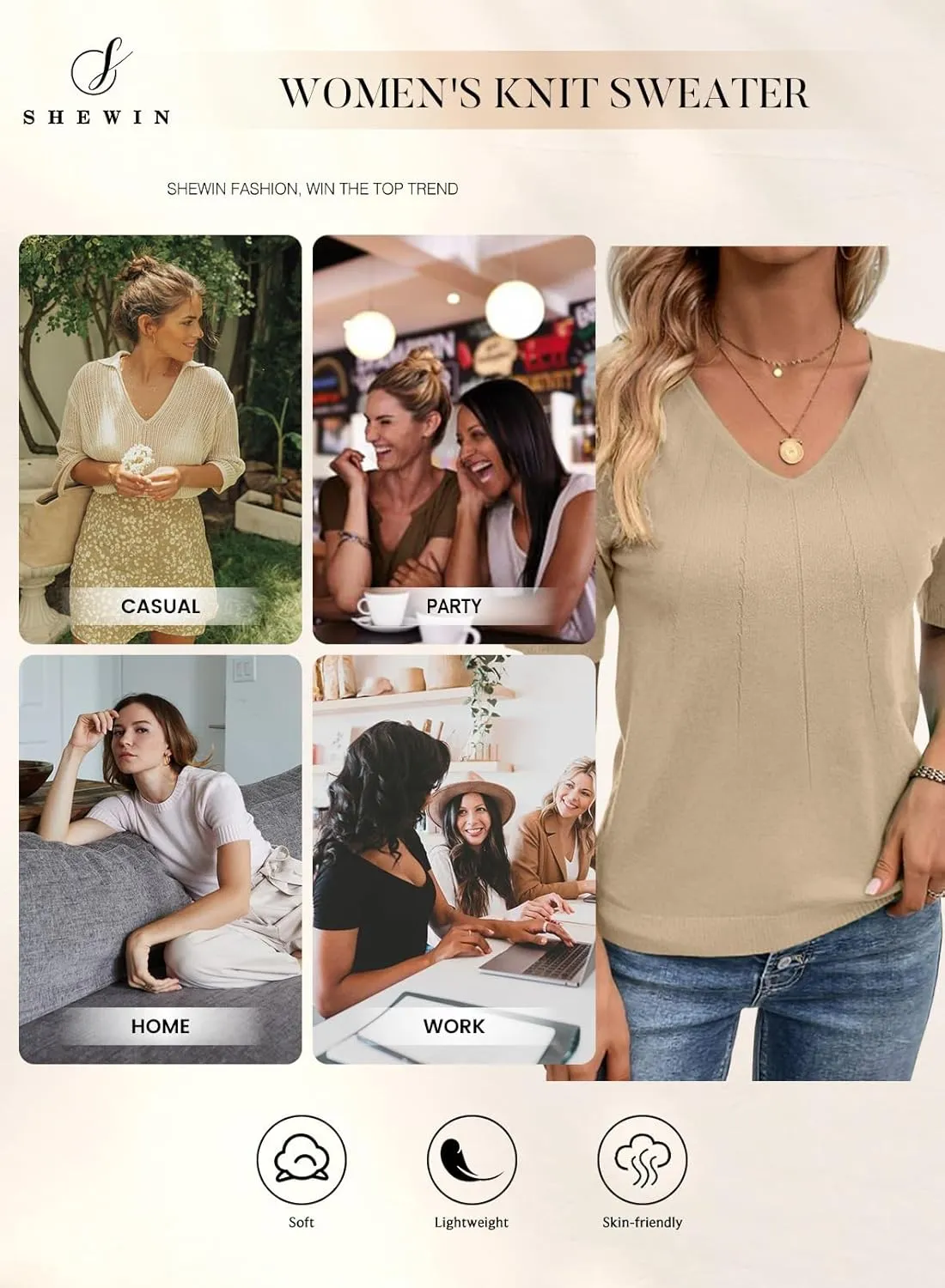 SHEWIN Women's Summer Short Sleeve Sweaters Crewneck Pleated Knit Tops Business Casual Work Shirts Blouses