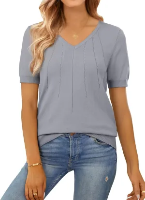 SHEWIN Women's Summer Short Sleeve Sweaters Crewneck Pleated Knit Tops Business Casual Work Shirts Blouses