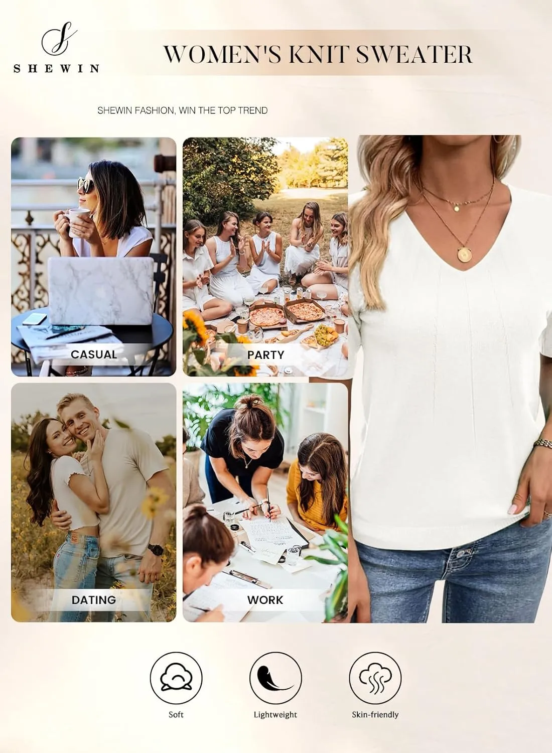 SHEWIN Women's Summer Short Sleeve Sweaters Crewneck Pleated Knit Tops Business Casual Work Shirts Blouses