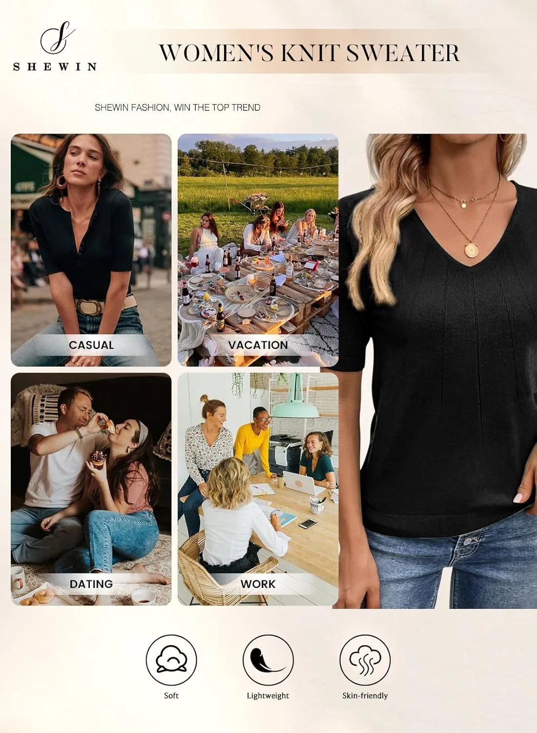 SHEWIN Women's Summer Short Sleeve Sweaters Crewneck Pleated Knit Tops Business Casual Work Shirts Blouses