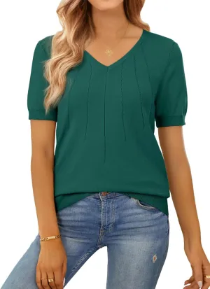 SHEWIN Women's Summer Short Sleeve Sweaters Crewneck Pleated Knit Tops Business Casual Work Shirts Blouses
