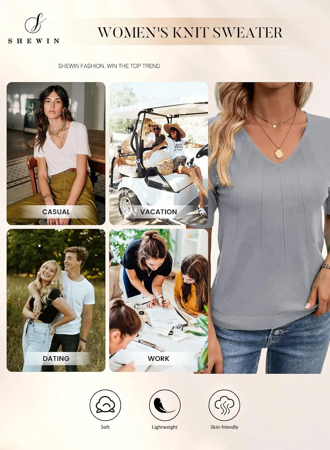 SHEWIN Women's Summer Short Sleeve Sweaters Crewneck Pleated Knit Tops Business Casual Work Shirts Blouses