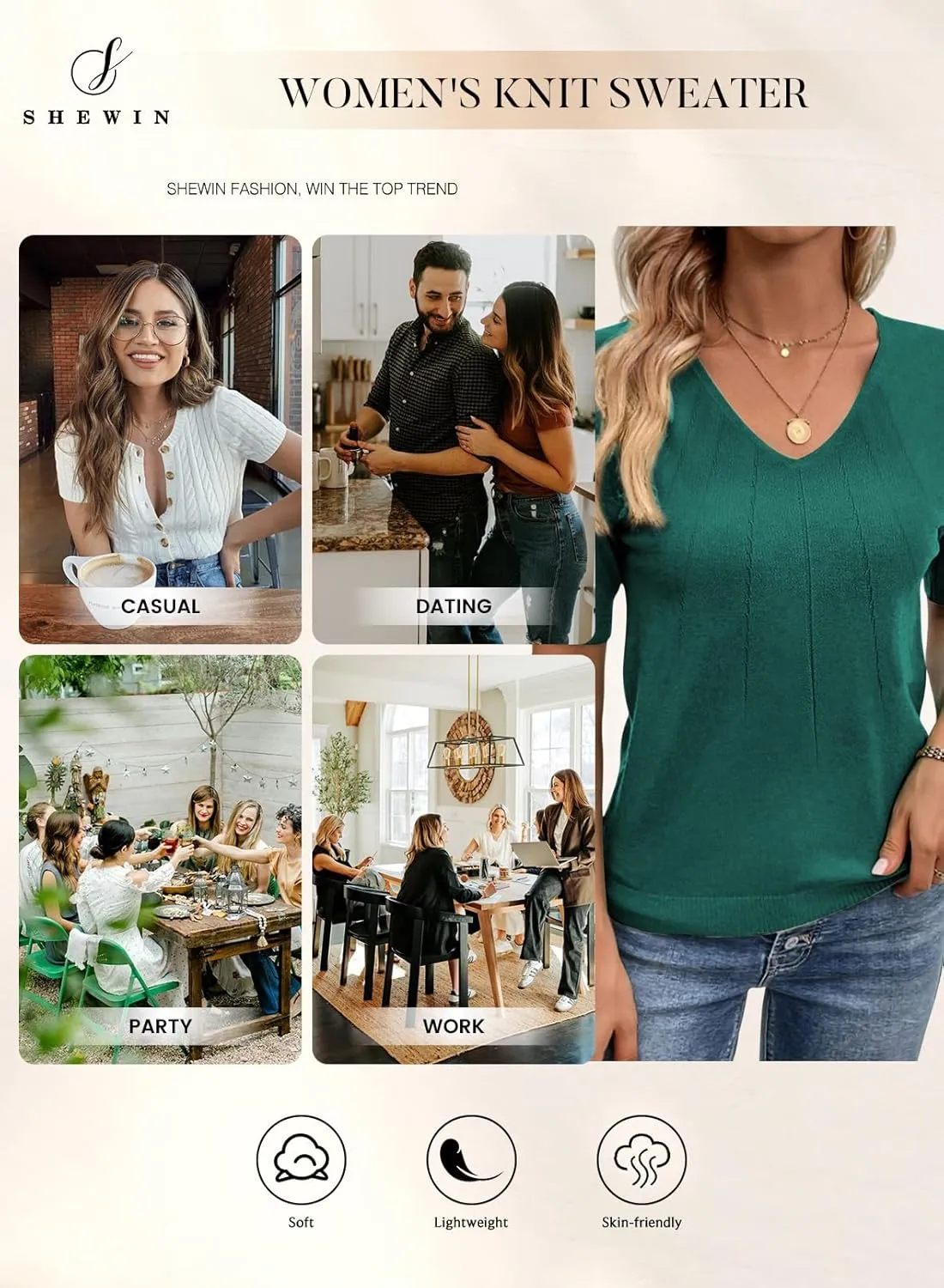 SHEWIN Women's Summer Short Sleeve Sweaters Crewneck Pleated Knit Tops Business Casual Work Shirts Blouses