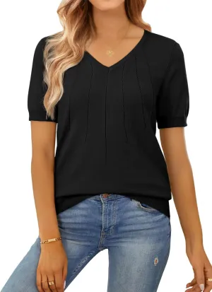 SHEWIN Women's Summer Short Sleeve Sweaters Crewneck Pleated Knit Tops Business Casual Work Shirts Blouses